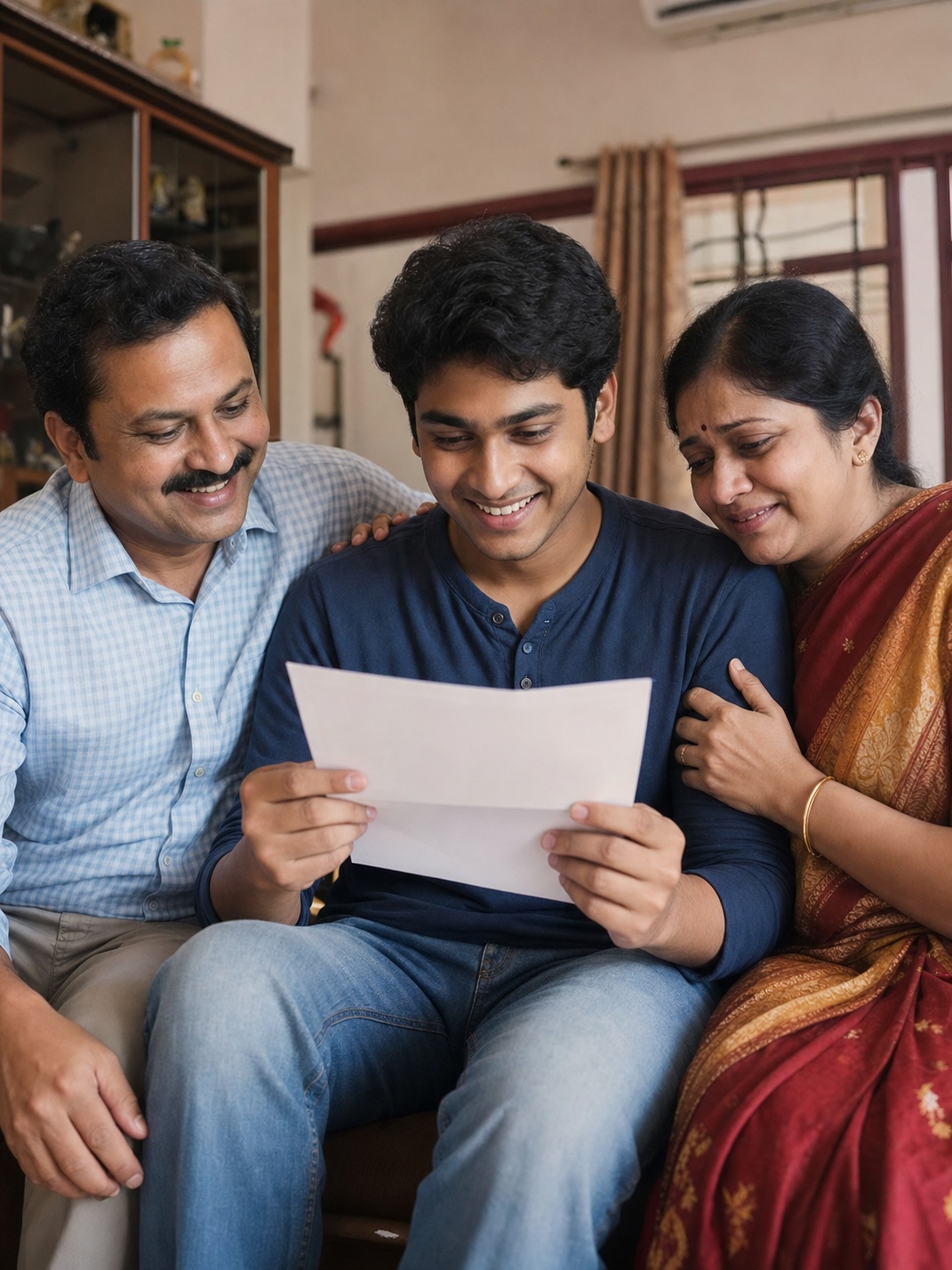 Student sharing an admission-letter moment with his parents