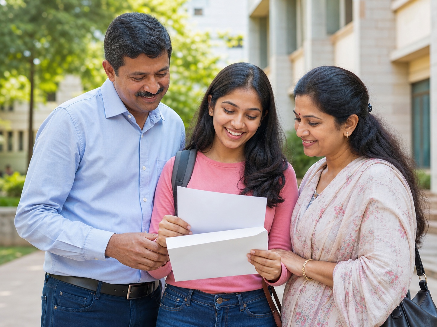 Student sharing a college admission moment with her parents