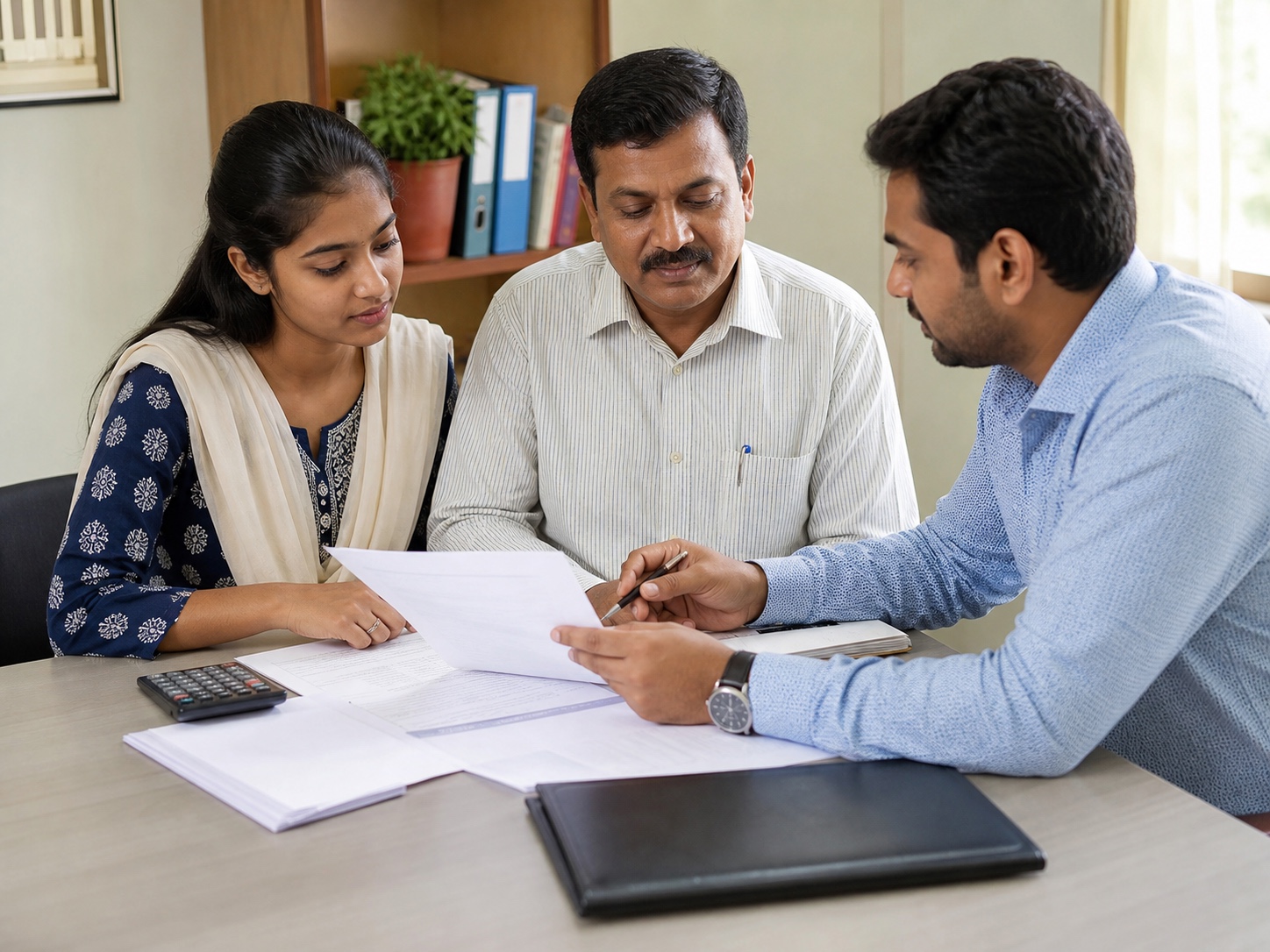 Student and parent reviewing scholarship and education-loan documents